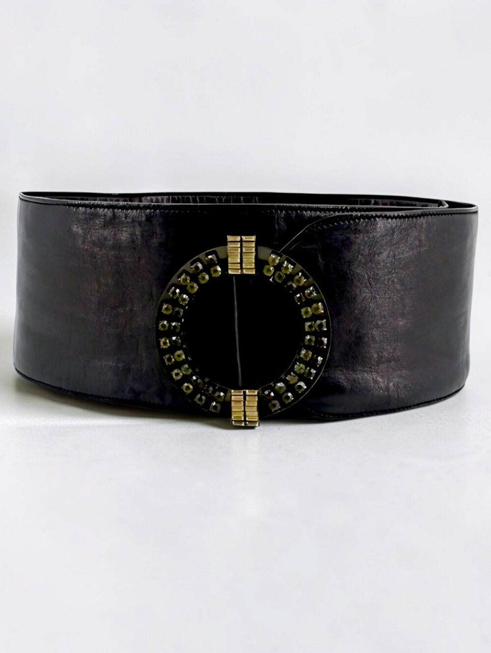 GUCCI RARE Wide Black Leather Waist Belt with Gold Circle Buckle Vintage